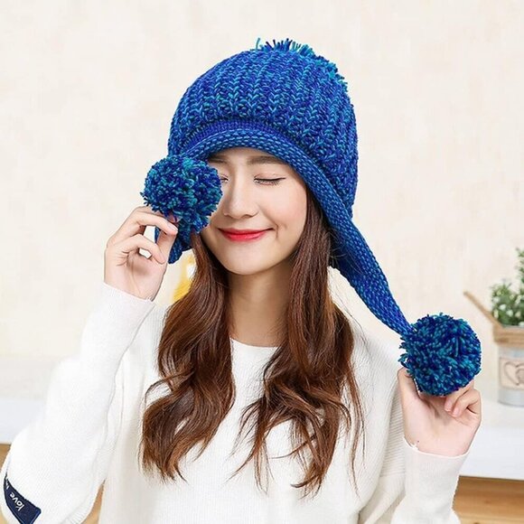 Women Blue Winter Peruvian Cover Ears Beanie Hat Ear Flaps Sherpa Snow